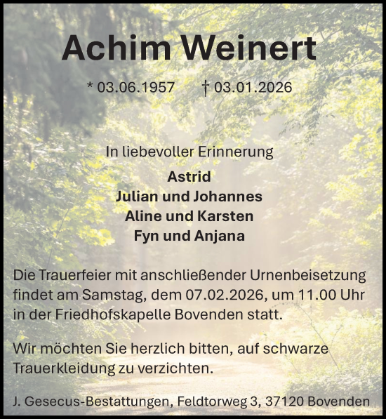 Traueranzeige von Achim Weinert von Göttinger Tageblatt