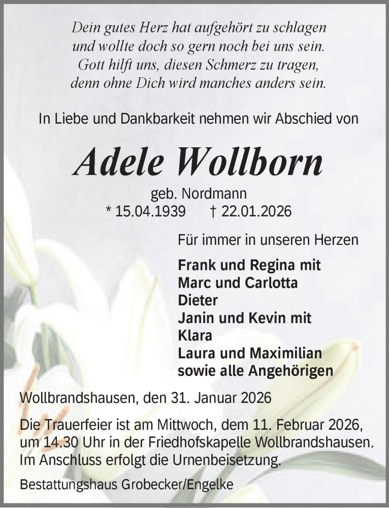  Traueranzeige für Adele Wollborn vom 31.01.2026 aus Eichsfelder Tageblatt