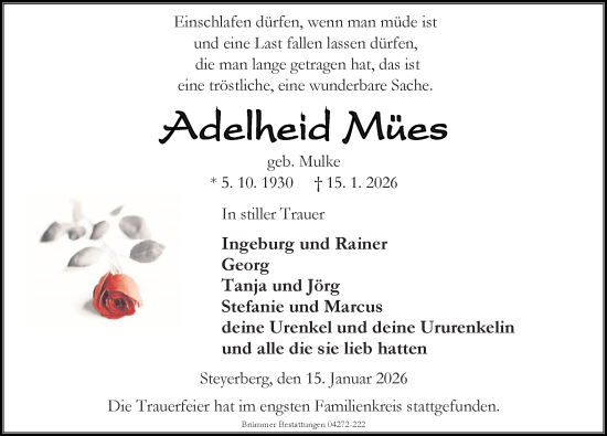 Traueranzeige von Adelheid Mües von Die Harke