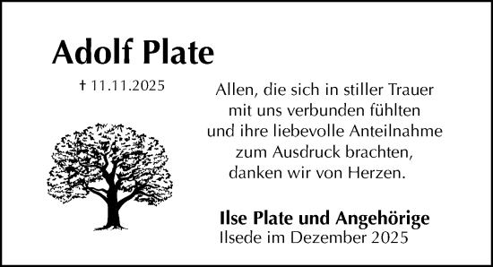 Traueranzeige von Adolf Plate von Peiner Allgemeine Zeitung
