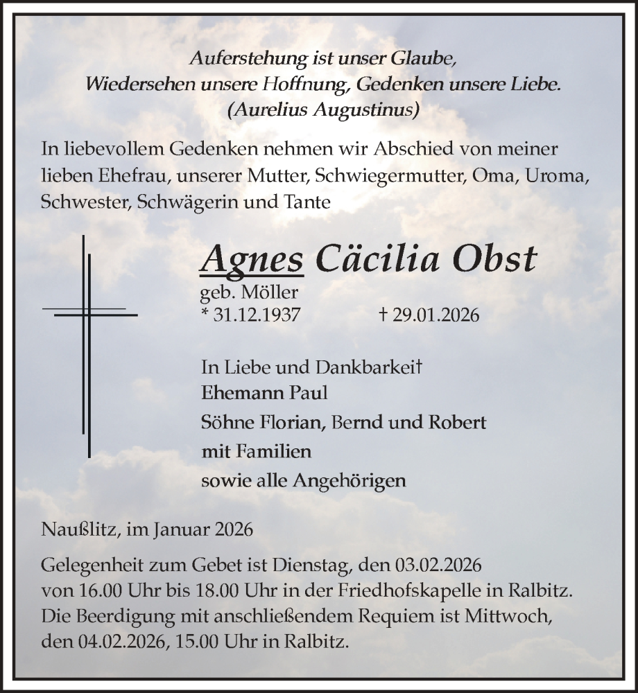  Traueranzeige für Agnes Cäcilia Obst vom 31.01.2026 aus Sächsische Zeitung