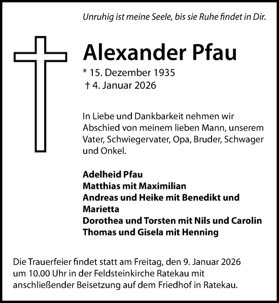 Traueranzeige von Alexander Pfau von Lübecker Nachrichten