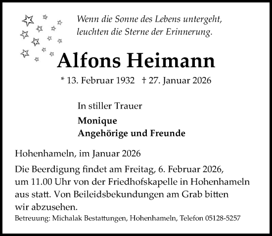 Traueranzeige von Alfons Heimann von Peiner Allgemeine Zeitung