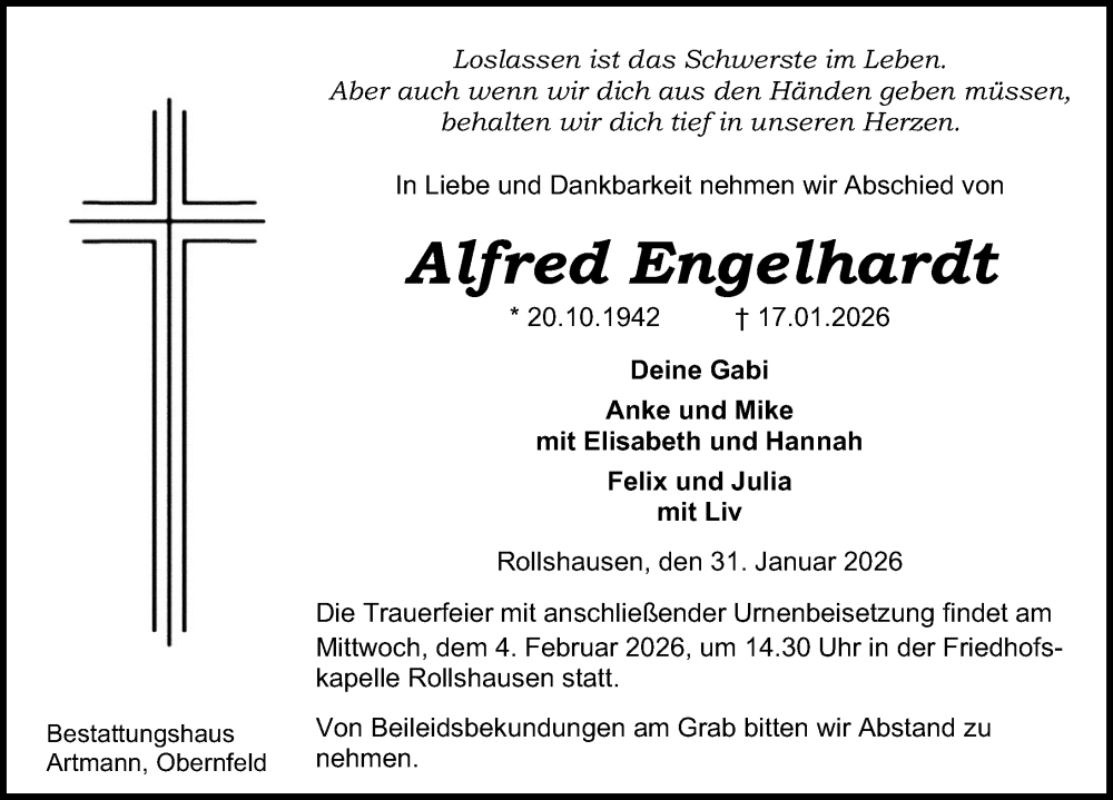  Traueranzeige für Alfred Engelhardt vom 31.01.2026 aus Eichsfelder Tageblatt