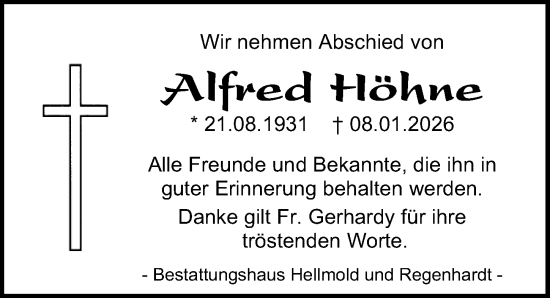 Traueranzeige von Alfred Höhne von Eichsfelder Tageblatt
