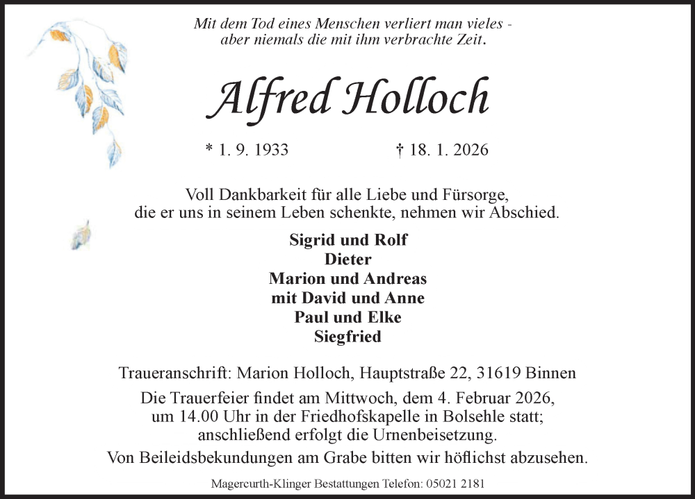  Traueranzeige für Alfred Holloch vom 31.01.2026 aus Die Harke