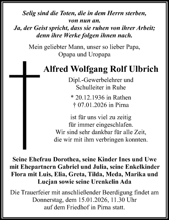 Traueranzeige von Alfred Wolfgang Rolf Ulbrich von Sächsische Zeitung