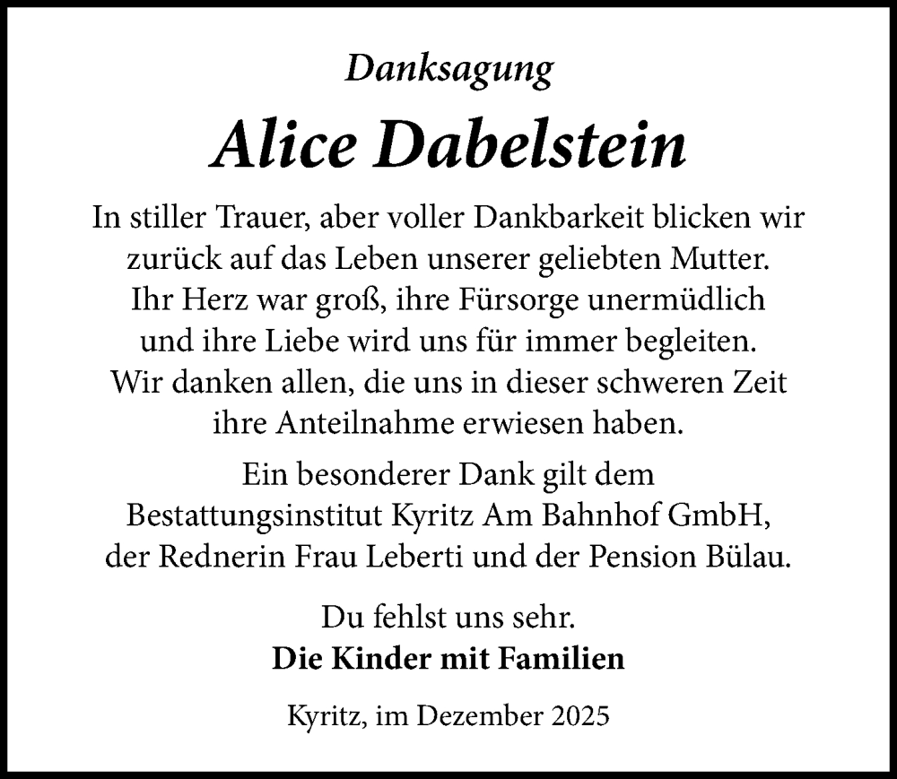  Traueranzeige für Alice Dabelstein vom 03.01.2026 aus Wochenspiegel
