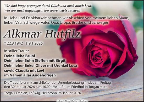 Traueranzeige von Alkmar Hutfilz von Torgauer Zeitung