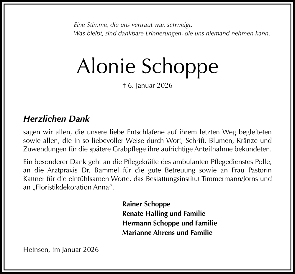  Traueranzeige für Alonie Schoppe vom 31.01.2026 aus Täglicher Anzeiger Holzminden