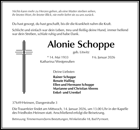 Traueranzeige von Alonie Schoppe von Täglicher Anzeiger Holzminden