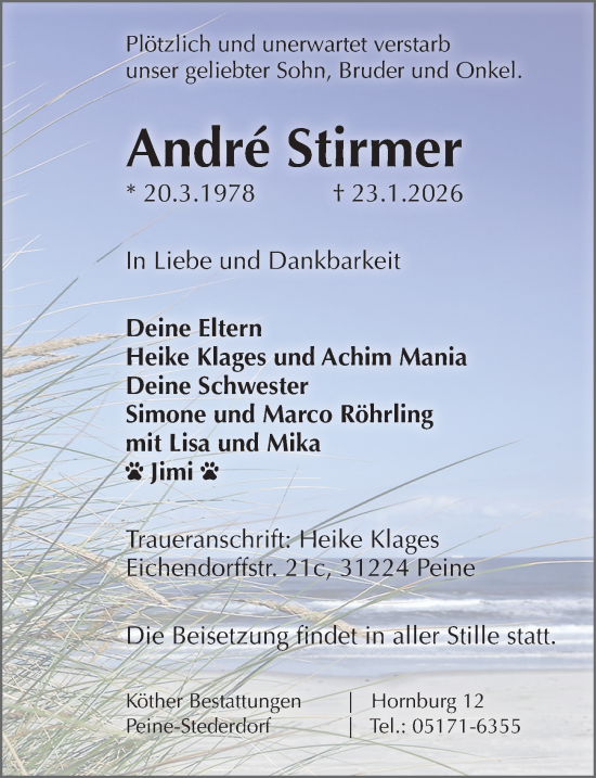Traueranzeige von Andre Stirmer von Peiner Allgemeine Zeitung