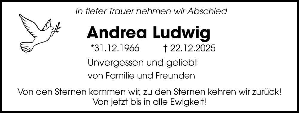  Traueranzeige für Andrea Ludwig vom 05.01.2026 aus Märkischen Allgemeine Zeitung