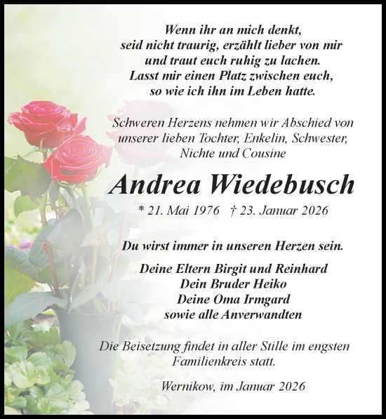 Traueranzeige von Andrea Wiedebusch von Wochenspiegel