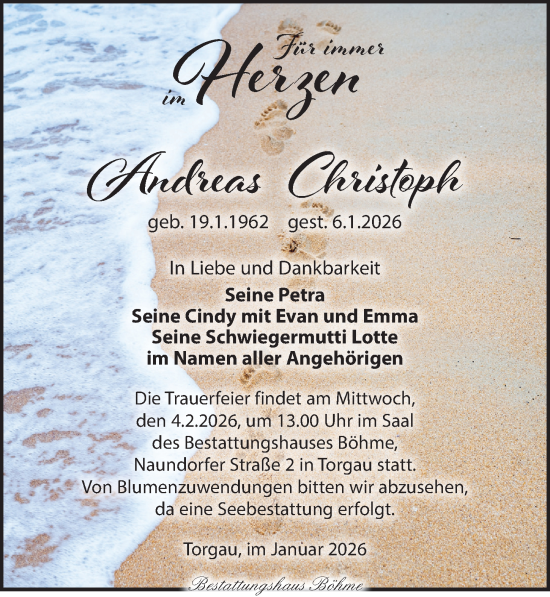 Traueranzeige von Andreas Christoph von Torgauer Zeitung