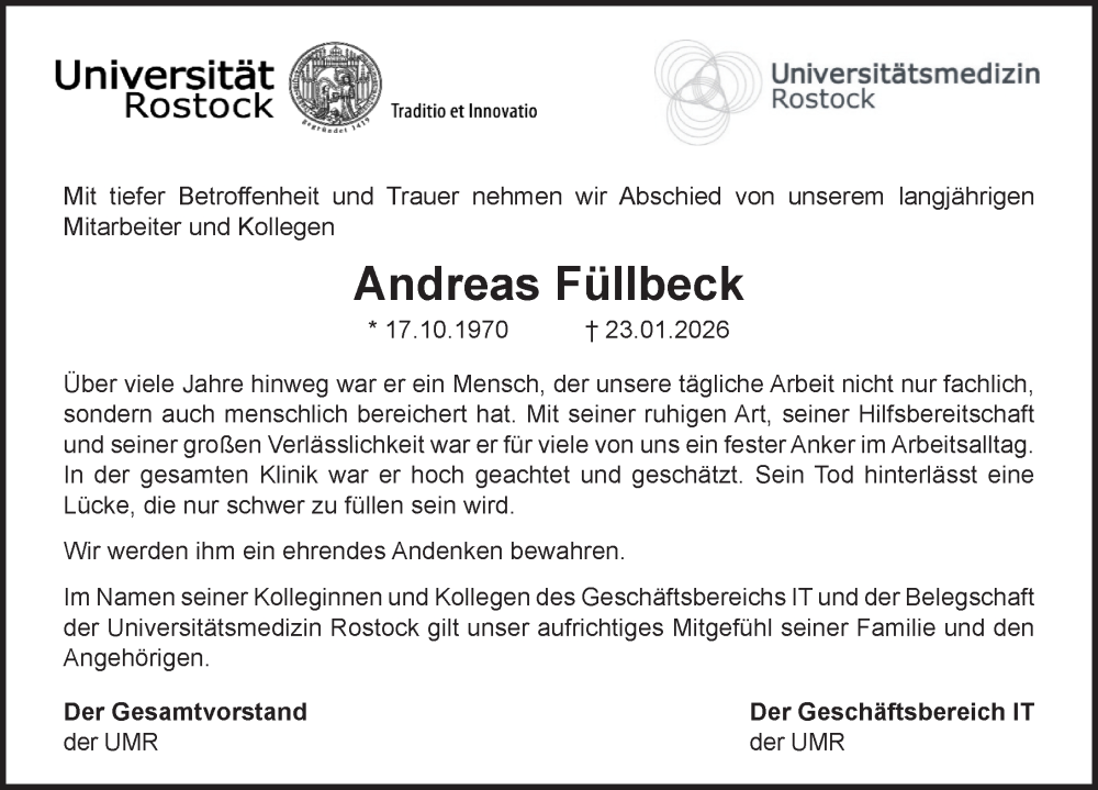  Traueranzeige für Andreas Füllbeck vom 31.01.2026 aus Ostsee-Zeitung GmbH