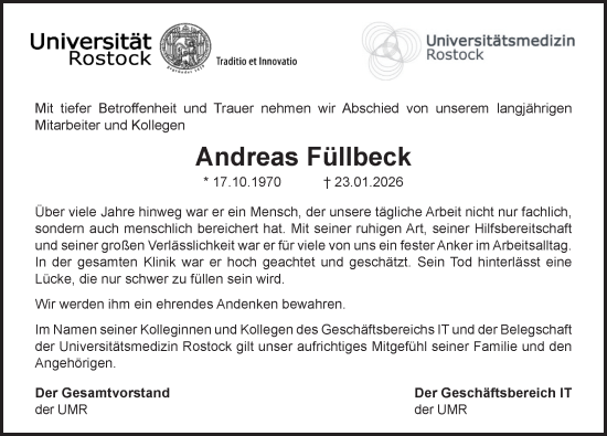 Traueranzeige von Andreas Füllbeck von Ostsee-Zeitung GmbH