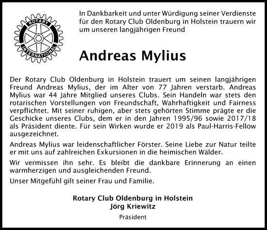 Traueranzeige von Andreas Mylius von Lübecker Nachrichten