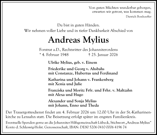 Traueranzeige von Andreas Mylius von Lübecker Nachrichten