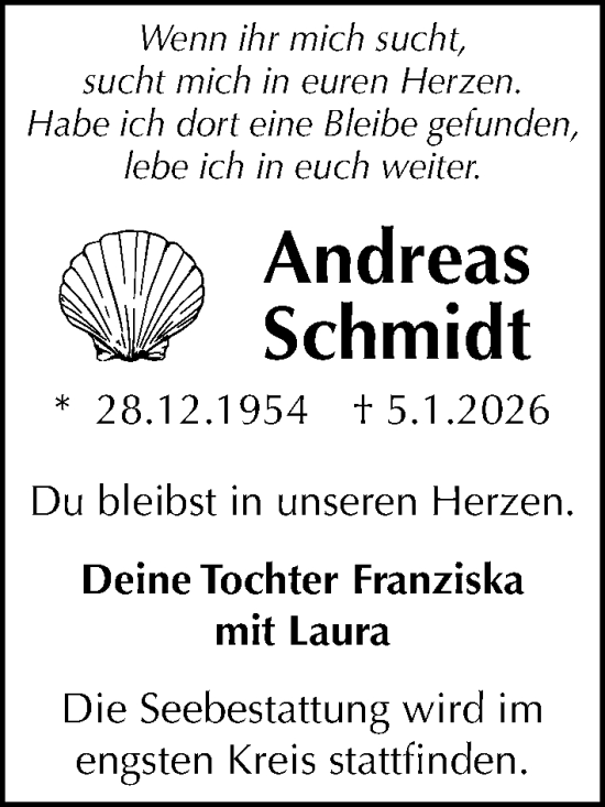 Traueranzeige von Andreas Schmidt von Lübecker Nachrichten