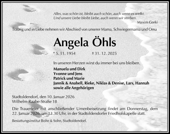 Traueranzeige von Angela Öhls von Täglicher Anzeiger Holzminden