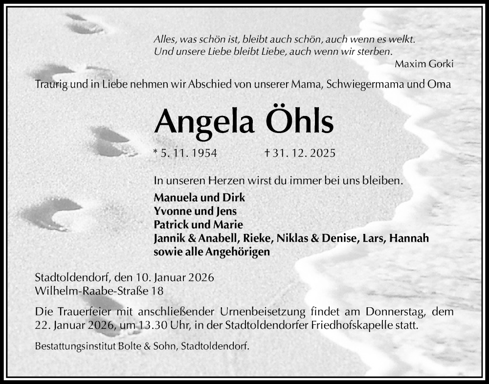  Traueranzeige für Angela Öhls vom 10.01.2026 aus Täglicher Anzeiger Holzminden