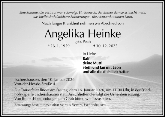 Traueranzeige von Angelika Heinke von Täglicher Anzeiger Holzminden