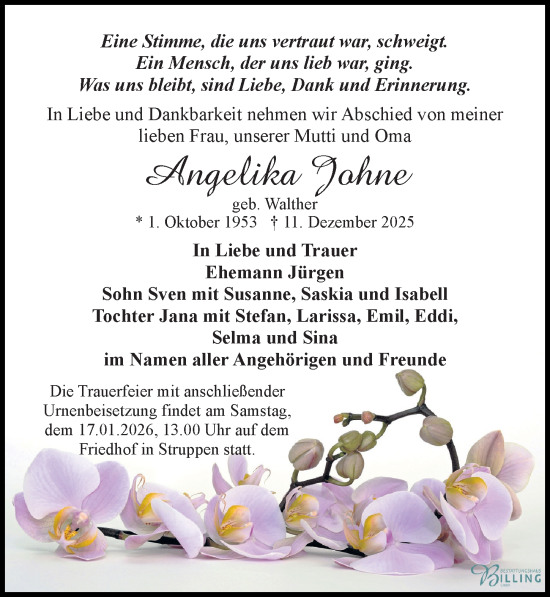 Traueranzeige von Angelika Johne von Sächsische Zeitung