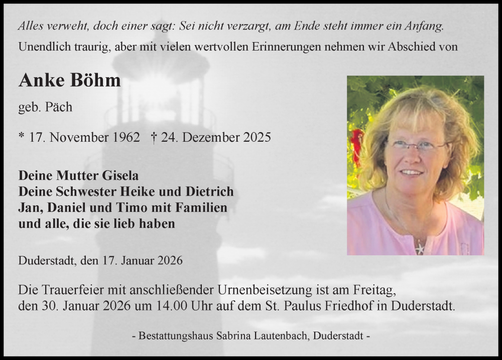  Traueranzeige für Anke Böhm vom 17.01.2026 aus Eichsfelder Tageblatt
