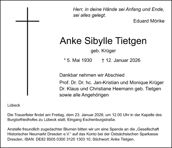 Traueranzeige von Anke Sibylle Tietgen von Lübecker Nachrichten