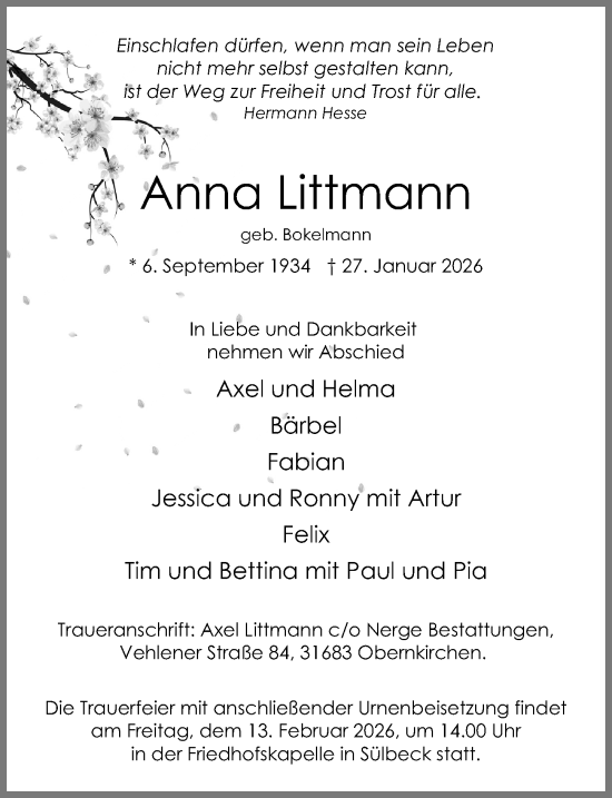 Traueranzeige von Anna Littmann von Schaumburger Nachrichten