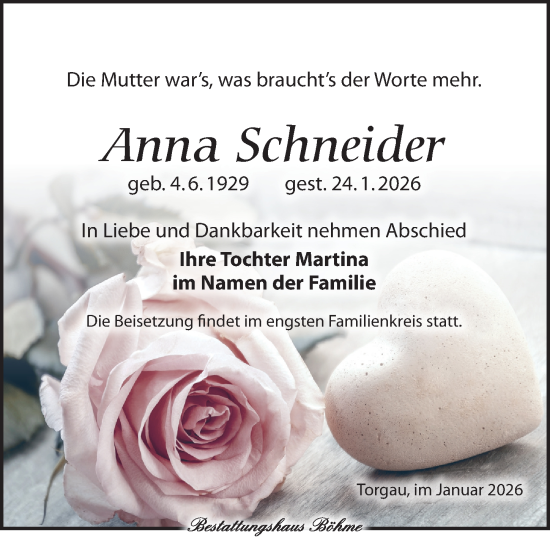Traueranzeige von Anna Schneider von Torgauer Zeitung