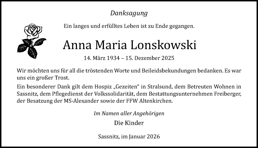  Traueranzeige für Anna Maria Lonskowski vom 24.01.2026 aus Ostsee-Zeitung GmbH