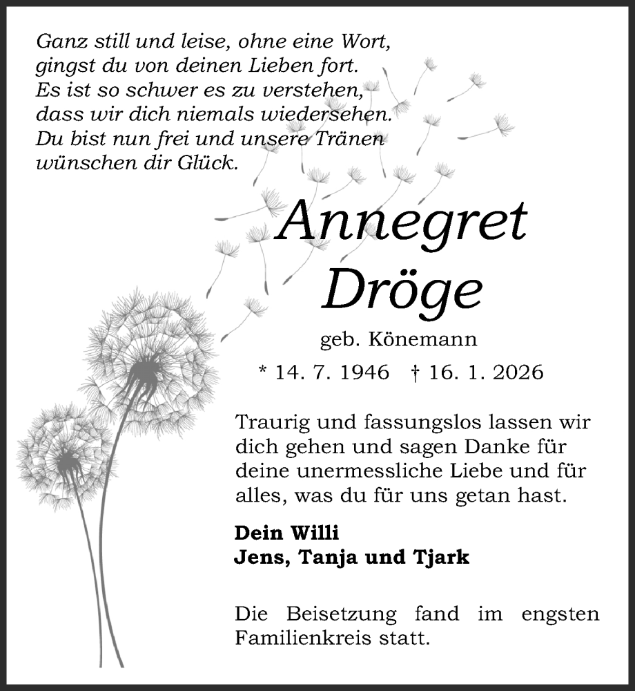  Traueranzeige für Annegret Dröge vom 31.01.2026 aus Die Harke