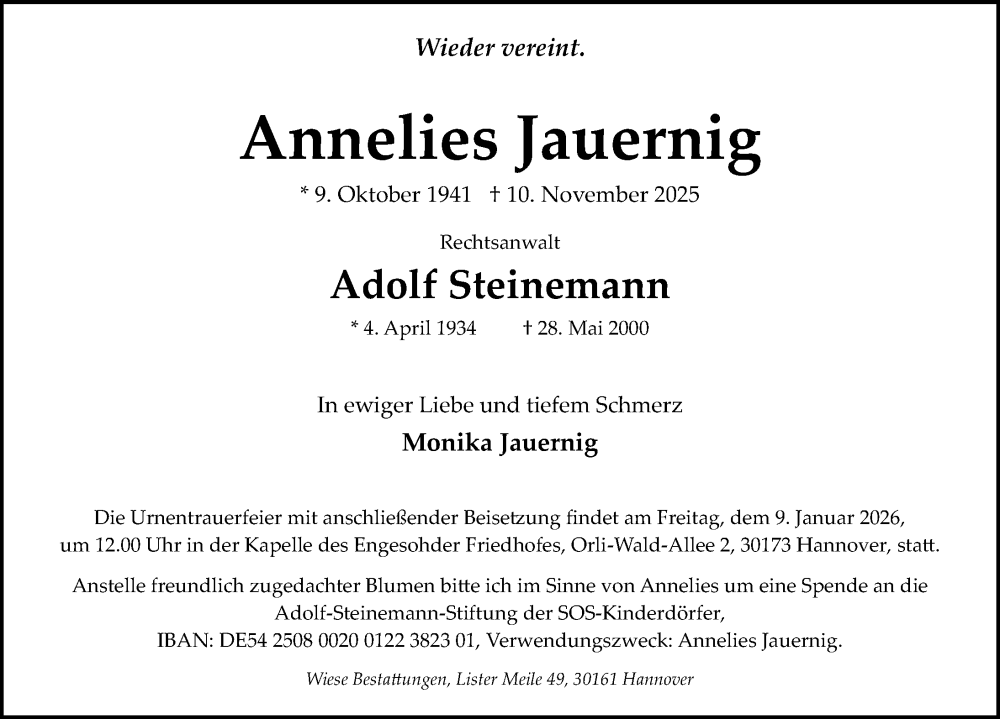  Traueranzeige für Annelies Jauernig vom 03.01.2026 aus Hannoversche Allgemeine Zeitung/Neue Presse