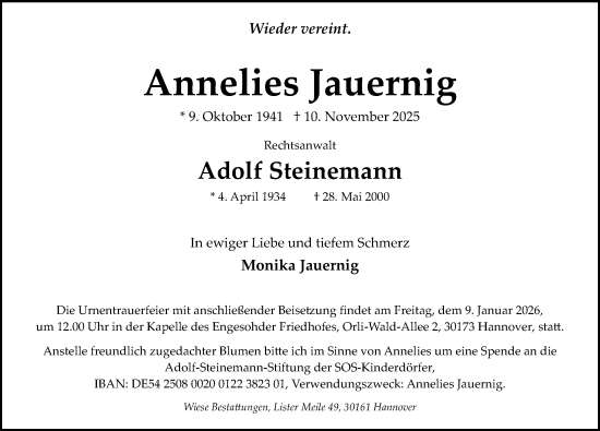 Traueranzeige von Annelies Jauernig von Hannoversche Allgemeine Zeitung/Neue Presse