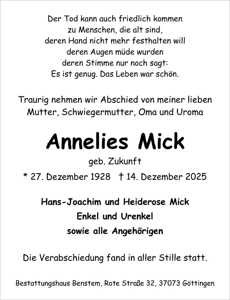  Traueranzeige für Annelies Mick vom 10.01.2026 aus Göttinger Tageblatt