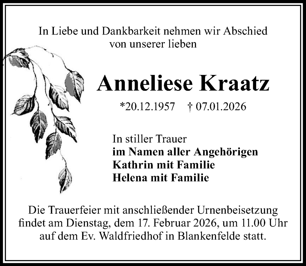  Traueranzeige für Anneliese Kraatz vom 24.01.2026 aus Märkischen Allgemeine Zeitung