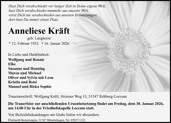 Traueranzeige von Anneliese Kräft von Die Harke