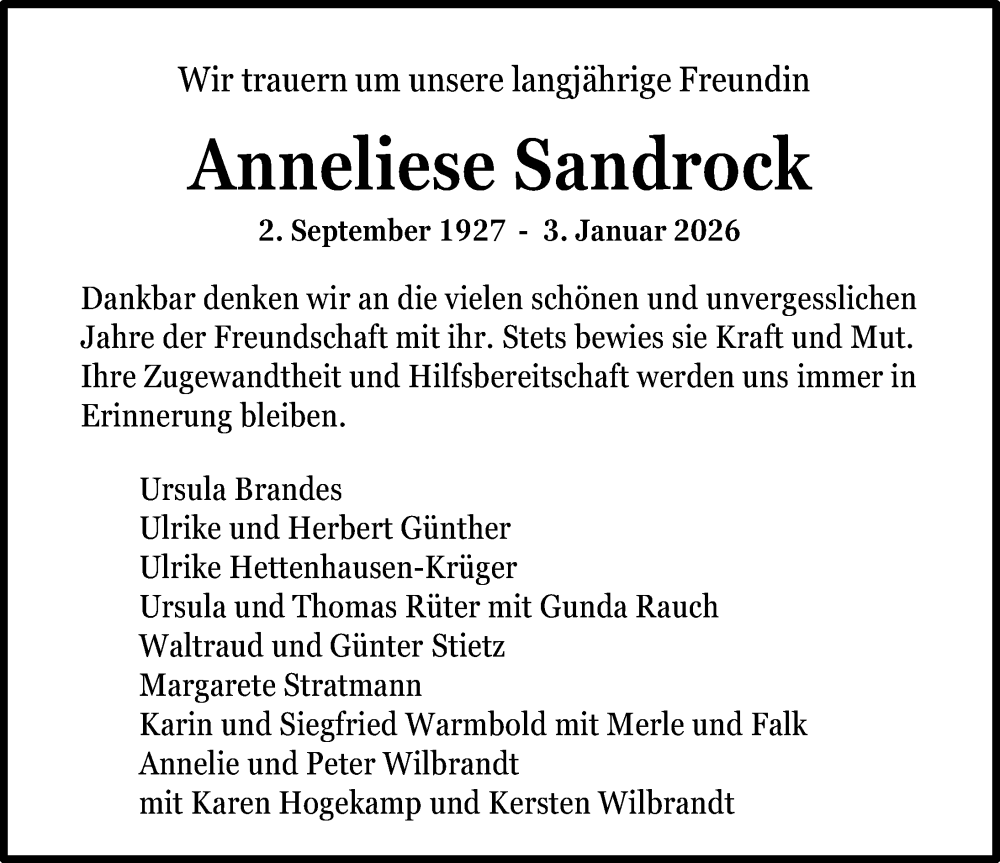  Traueranzeige für Anneliese Sandrock vom 17.01.2026 aus Göttinger Tageblatt