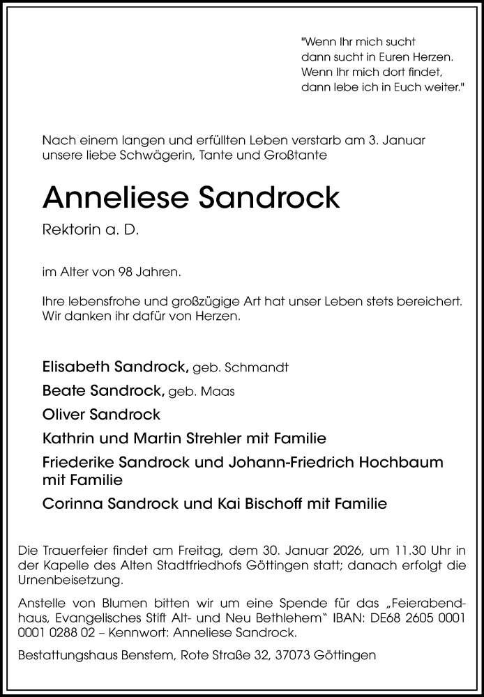  Traueranzeige für Anneliese Sandrock vom 17.01.2026 aus Göttinger Tageblatt