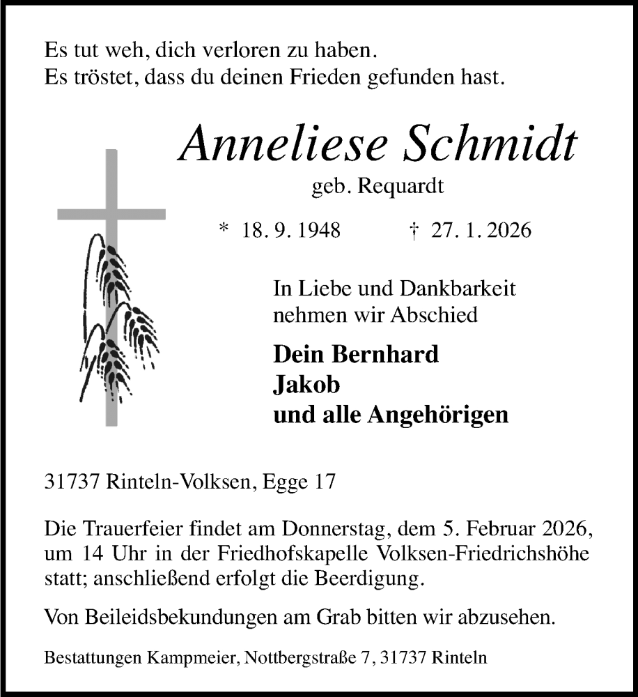  Traueranzeige für Anneliese Schmidt vom 31.01.2026 aus Schaumburger Nachrichten und Schaumburger Zeitung/ Landes-Zeitung