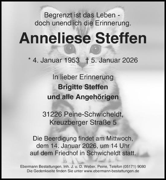 Traueranzeige von Anneliese Steffen von Peiner Allgemeine Zeitung