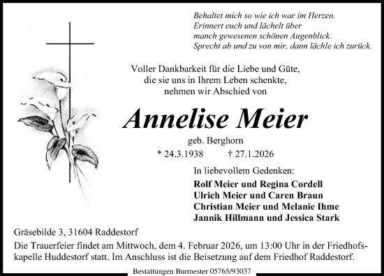 Traueranzeige von Annelise Meier von Die Harke