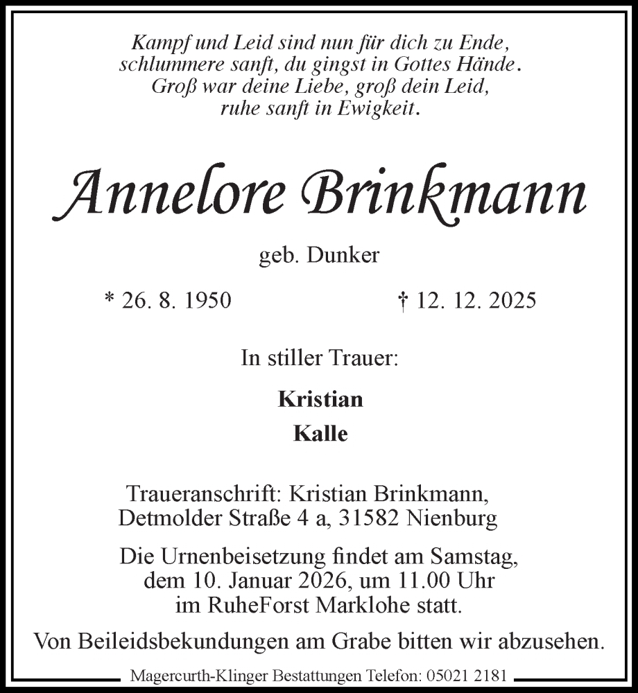  Traueranzeige für Annelore Brinkmann vom 03.01.2026 aus Die Harke