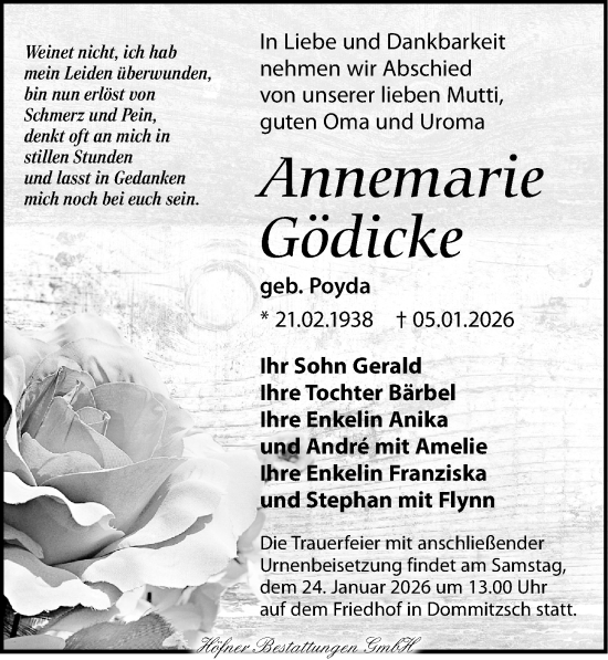 Traueranzeige von Annemarie Gödicke von Torgauer Zeitung