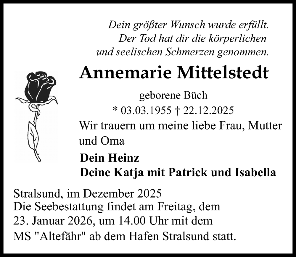  Traueranzeige für Annemarie Mittelstedt vom 03.01.2026 aus Ostsee-Zeitung GmbH