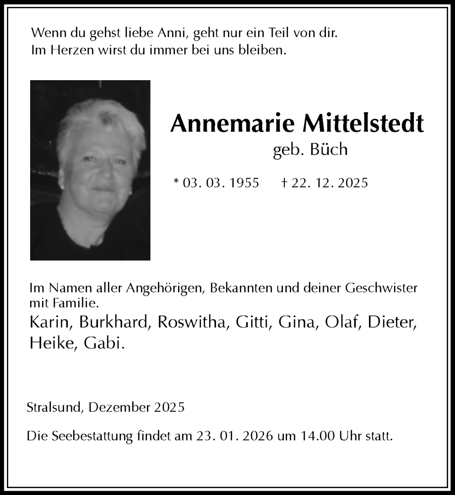  Traueranzeige für Annemarie Mittelstedt vom 03.01.2026 aus Ostsee-Zeitung GmbH