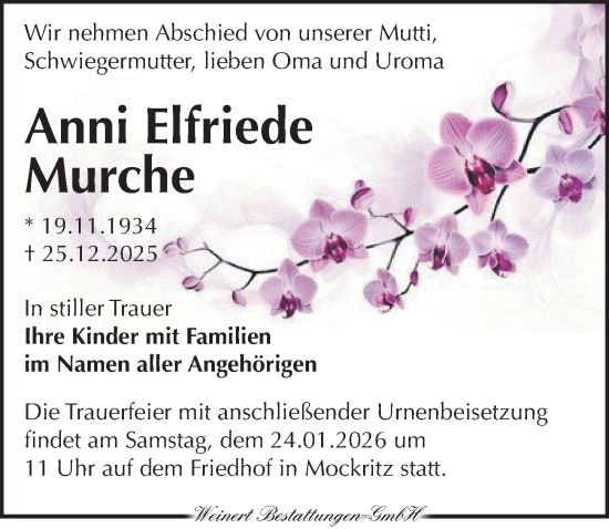 Traueranzeige von Anni Elfriede Murche von Torgauer Zeitung