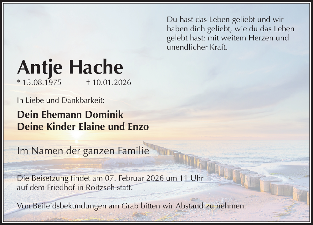  Traueranzeige für Antje Hache vom 24.01.2026 aus Torgauer Zeitung